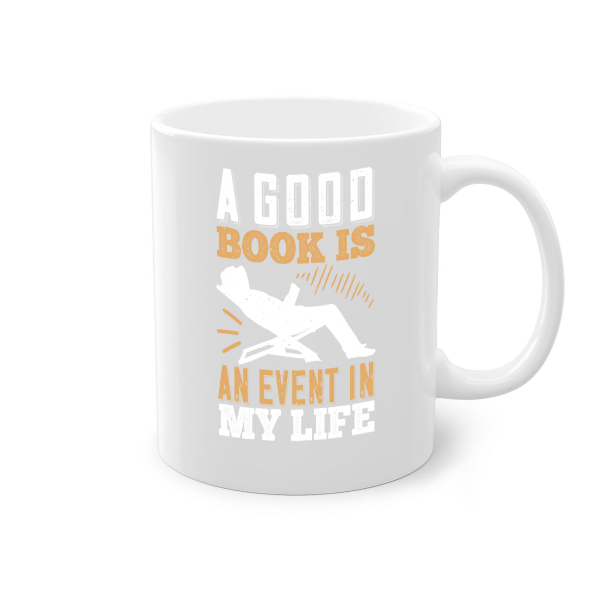 A stylish two-tone ceramic mug with a colored handle and interior, featuring the phrase 'A Good Book is an Event in My Life'.