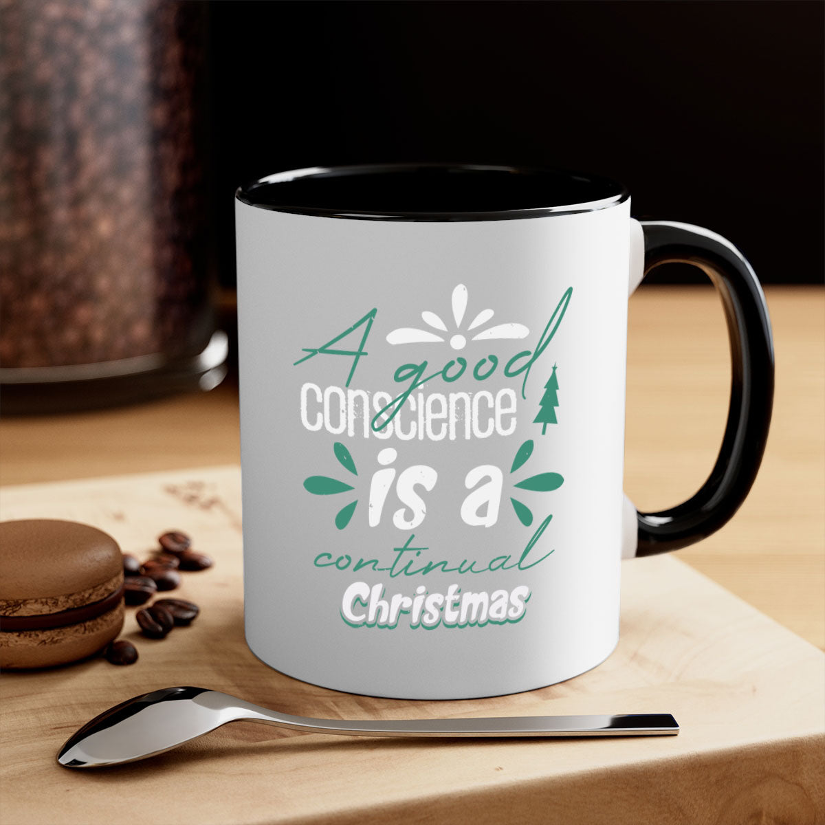 A Good Conscience is a 417# Christmas Mug featuring a glossy finish, colored handle, and interior, available in five vibrant colors.