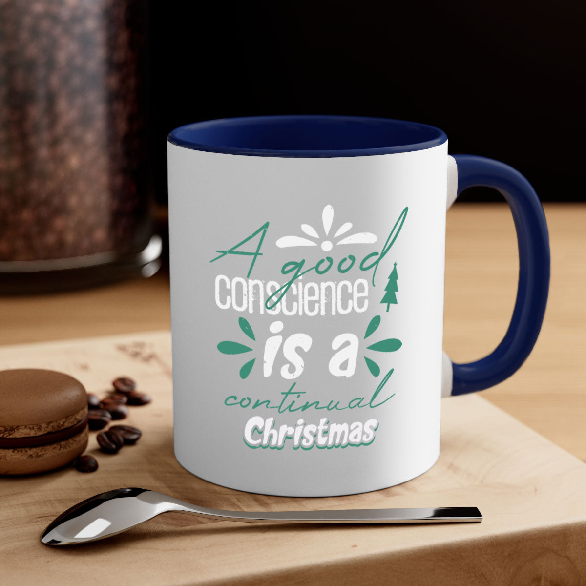 A Good Conscience is a 417# Christmas Mug featuring a glossy finish, colored handle, and interior, available in five vibrant colors.