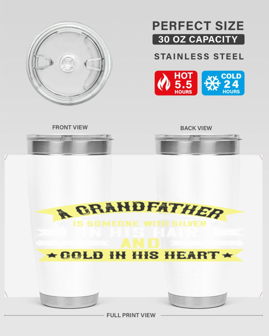 Silver 88# tumbler designed for grandfathers, featuring double wall vacuum stainless steel and a press-in lid.