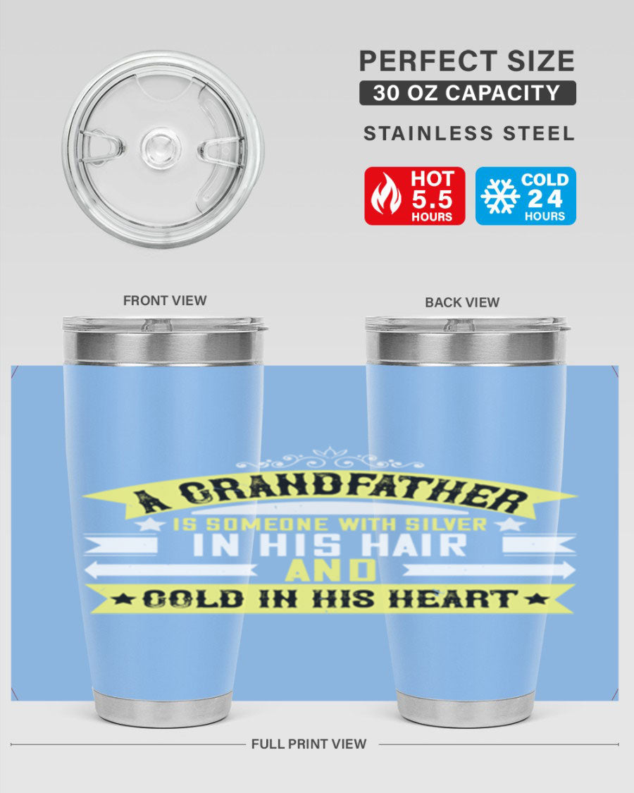 Silver 88# tumbler designed for grandfathers, featuring double wall vacuum stainless steel and a press-in lid.