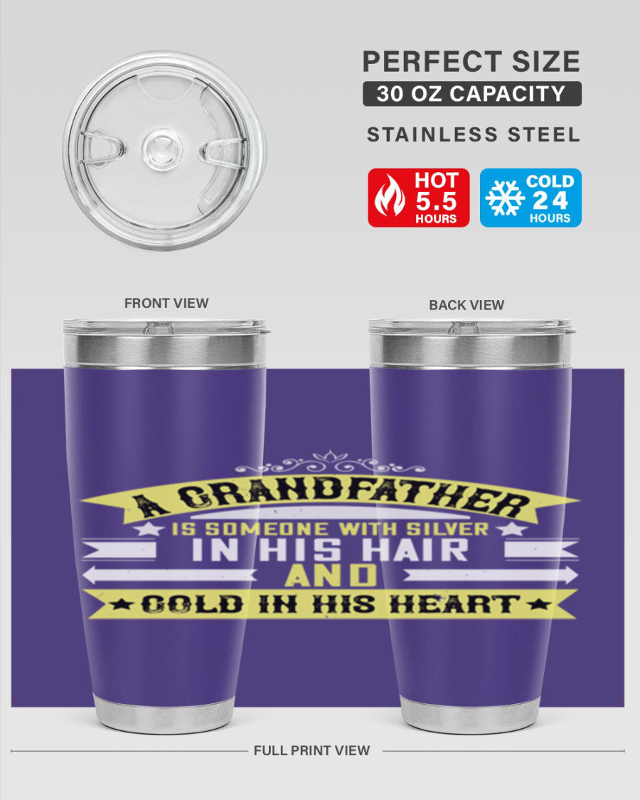 Silver 88# tumbler designed for grandfathers, featuring double wall vacuum stainless steel and a press-in lid.