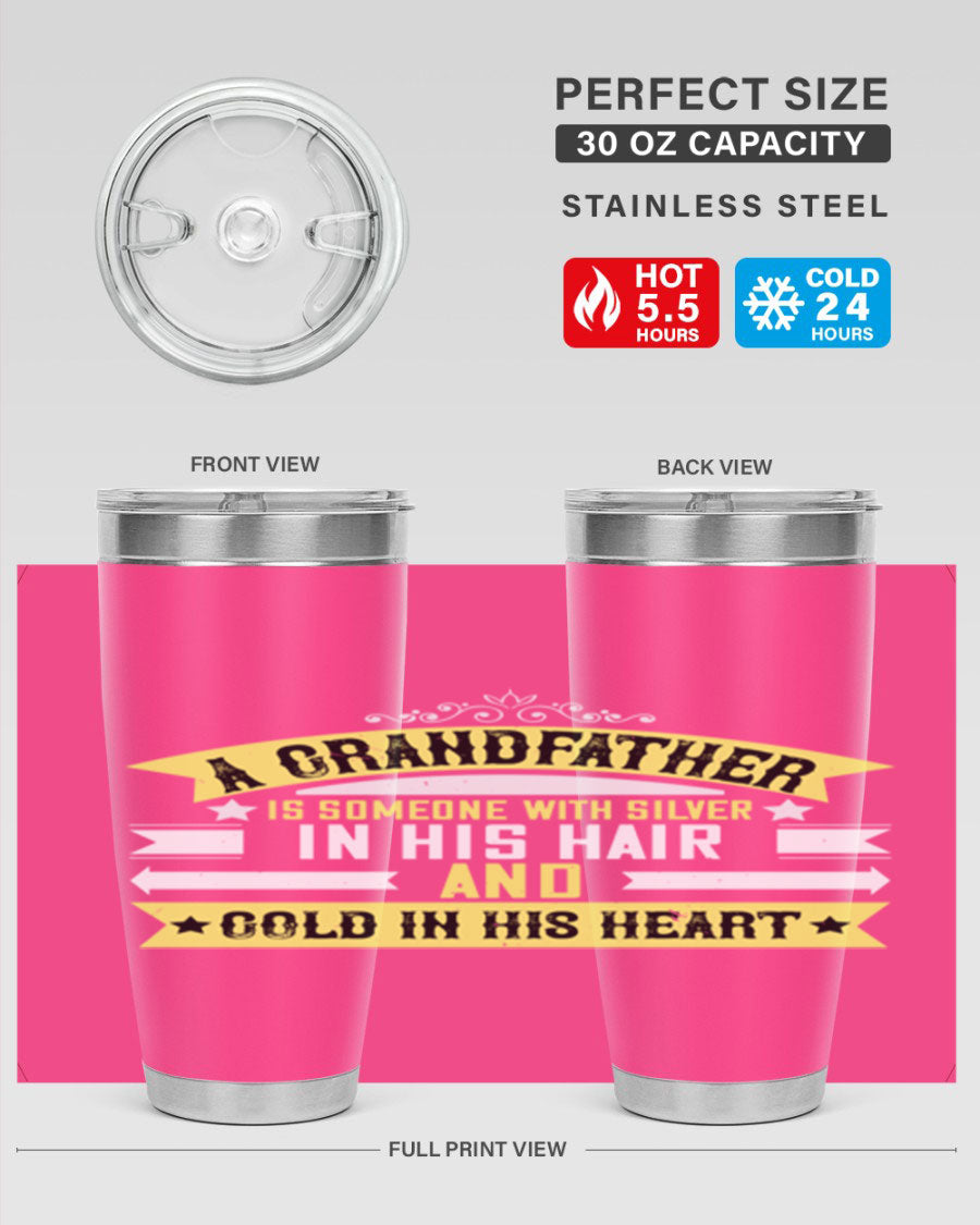 Silver 88# tumbler designed for grandfathers, featuring double wall vacuum stainless steel and a press-in lid.