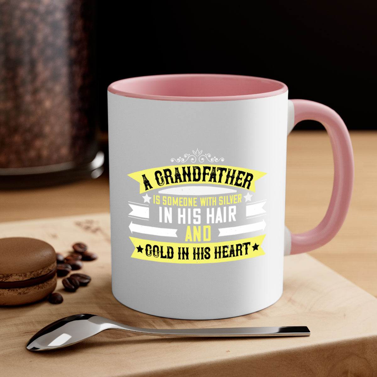 A stylish two-tone ceramic coffee mug with a colored handle and glossy finish, featuring the phrase 'A grandfather is someone with silver 88#'.