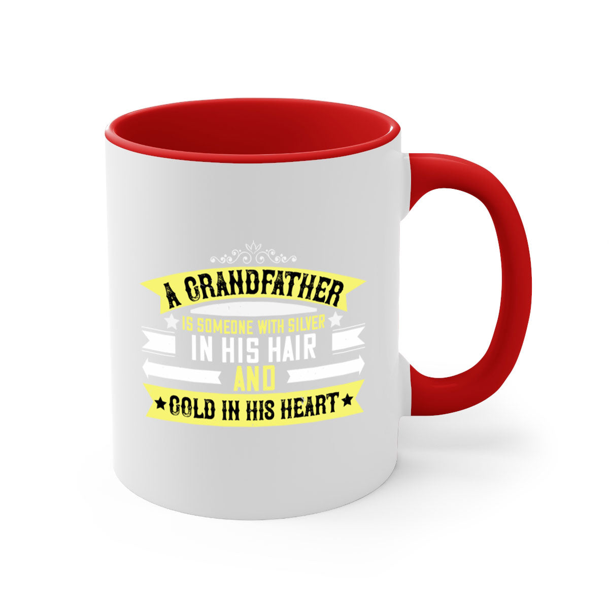 A stylish two-tone ceramic coffee mug with a colored handle and glossy finish, featuring the phrase 'A grandfather is someone with silver 88#'.