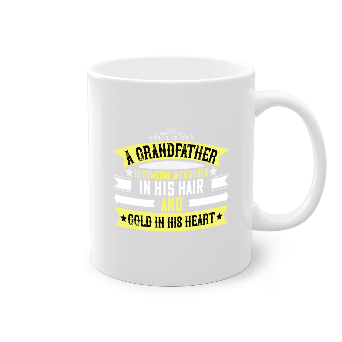 A stylish two-tone ceramic coffee mug with a colored handle and glossy finish, featuring the phrase 'A grandfather is someone with silver 88#'.