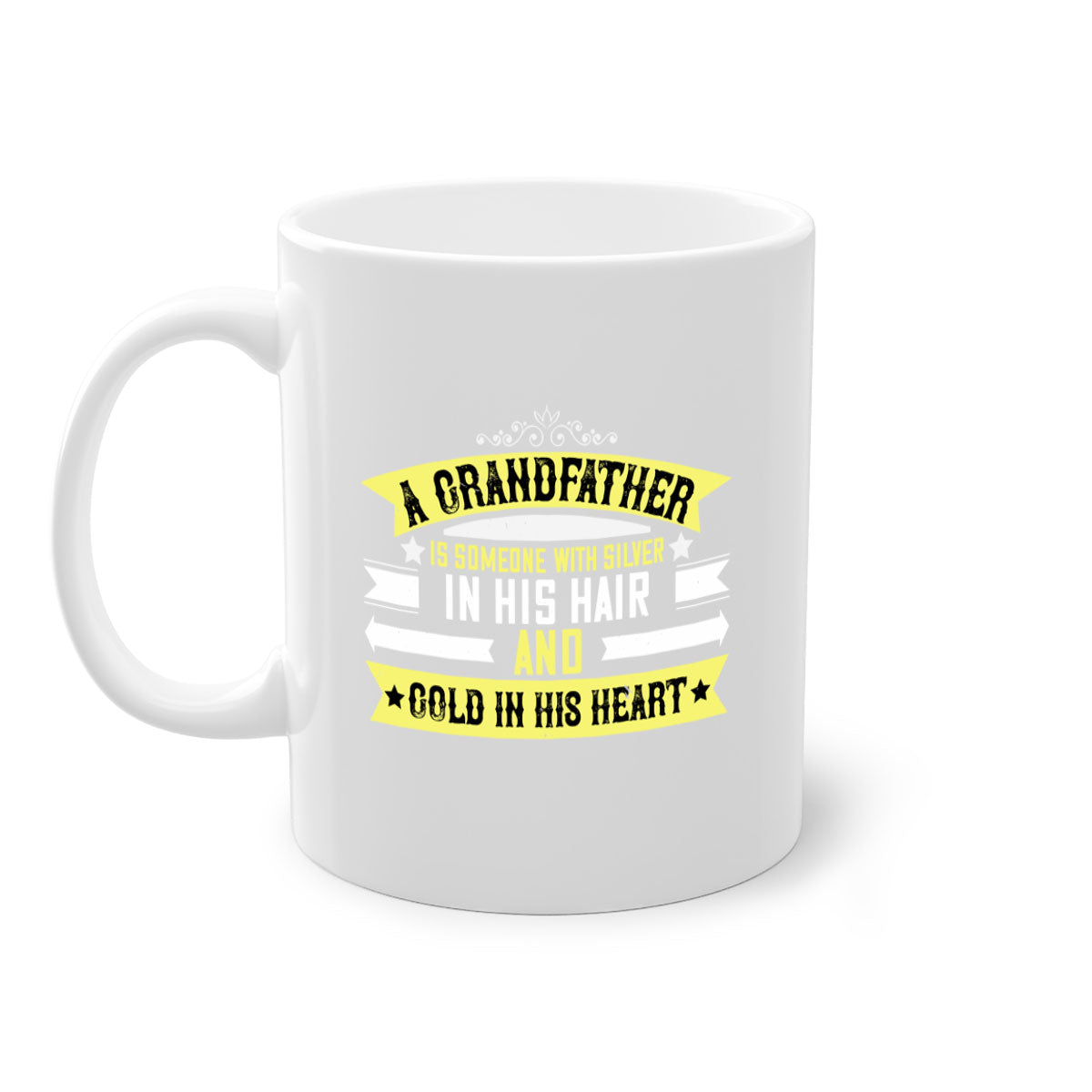 A stylish two-tone ceramic coffee mug with a colored handle and glossy finish, featuring the phrase 'A grandfather is someone with silver 88#'.