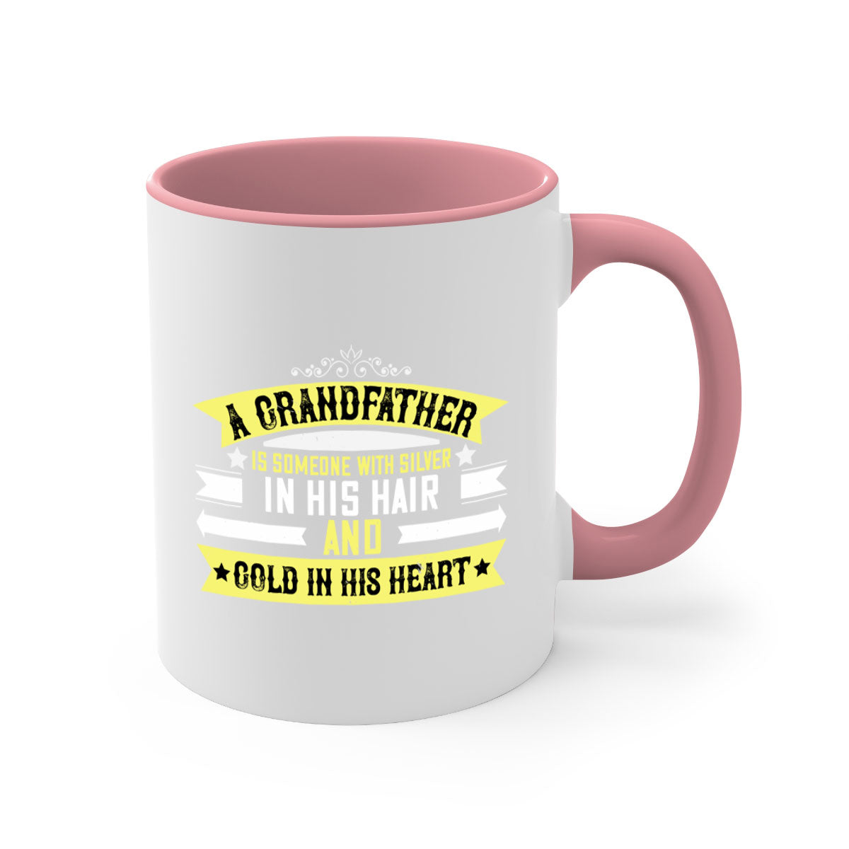 A stylish two-tone ceramic coffee mug with a colored handle and glossy finish, featuring the phrase 'A grandfather is someone with silver 88#'.