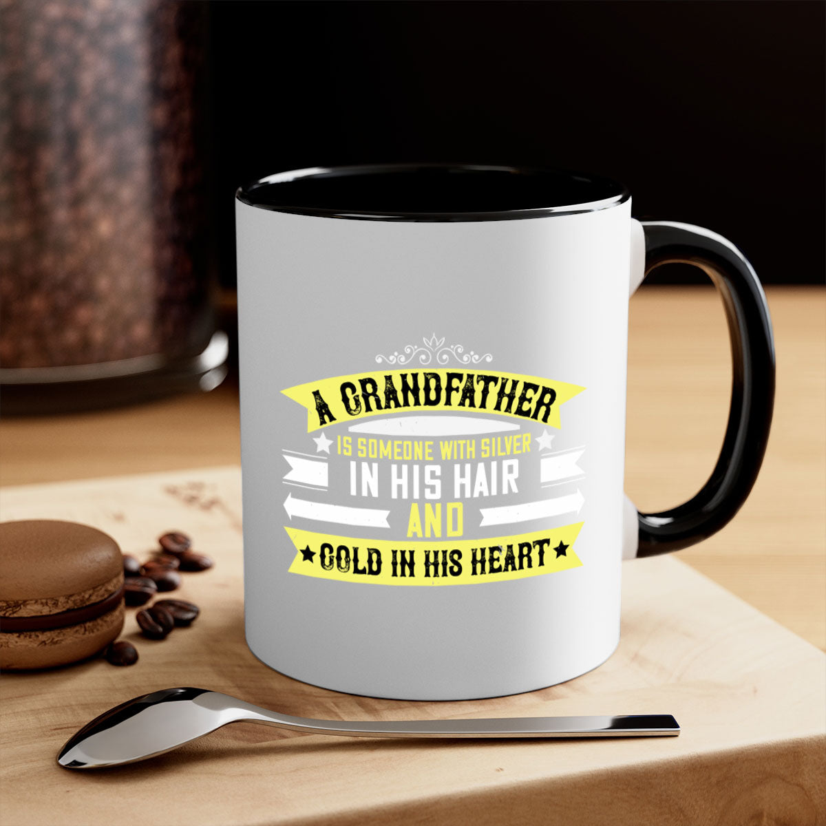 A stylish two-tone ceramic coffee mug with a colored handle and glossy finish, featuring the phrase 'A grandfather is someone with silver 88#'.