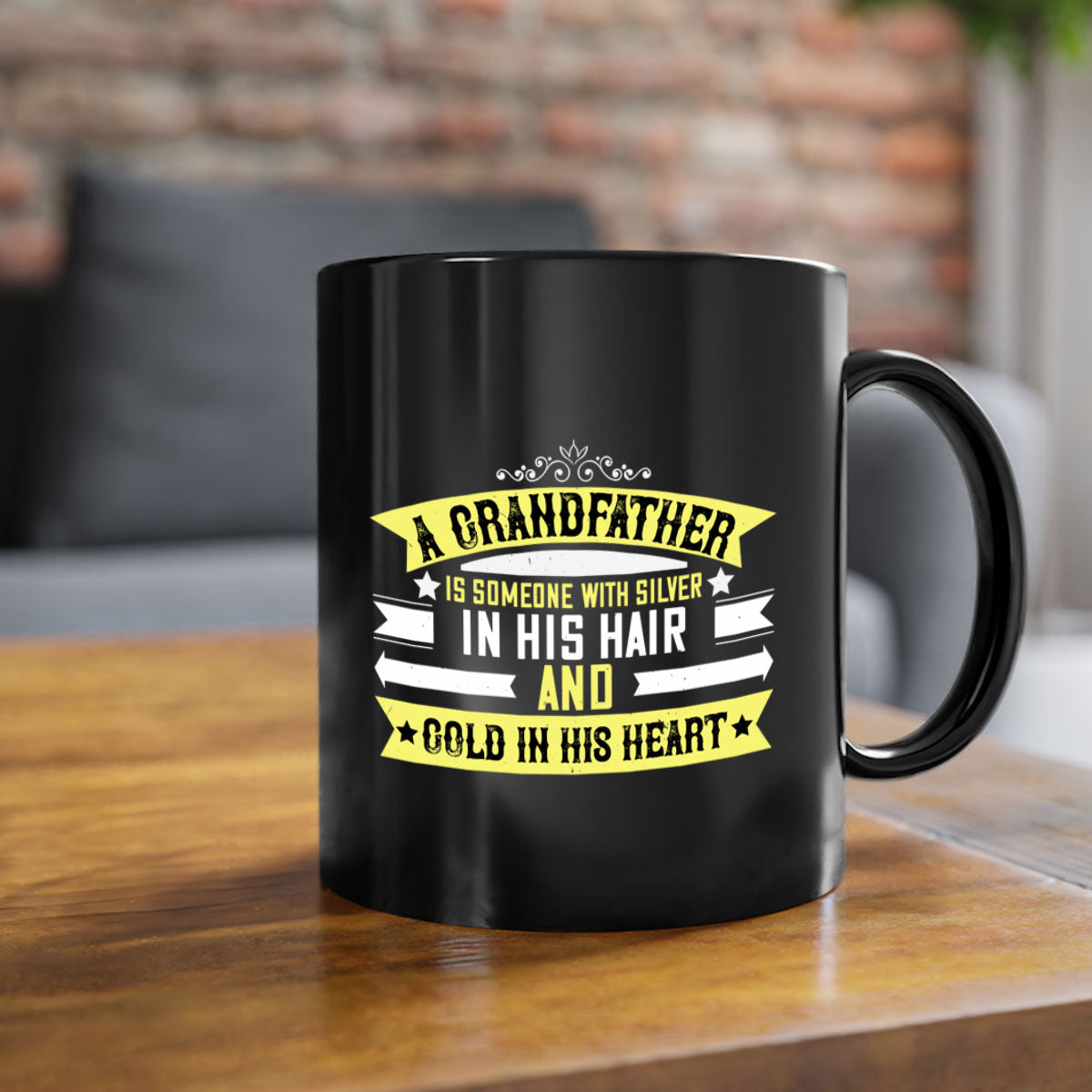 A stylish two-tone ceramic coffee mug with a colored handle and glossy finish, featuring the phrase 'A grandfather is someone with silver 88#'.