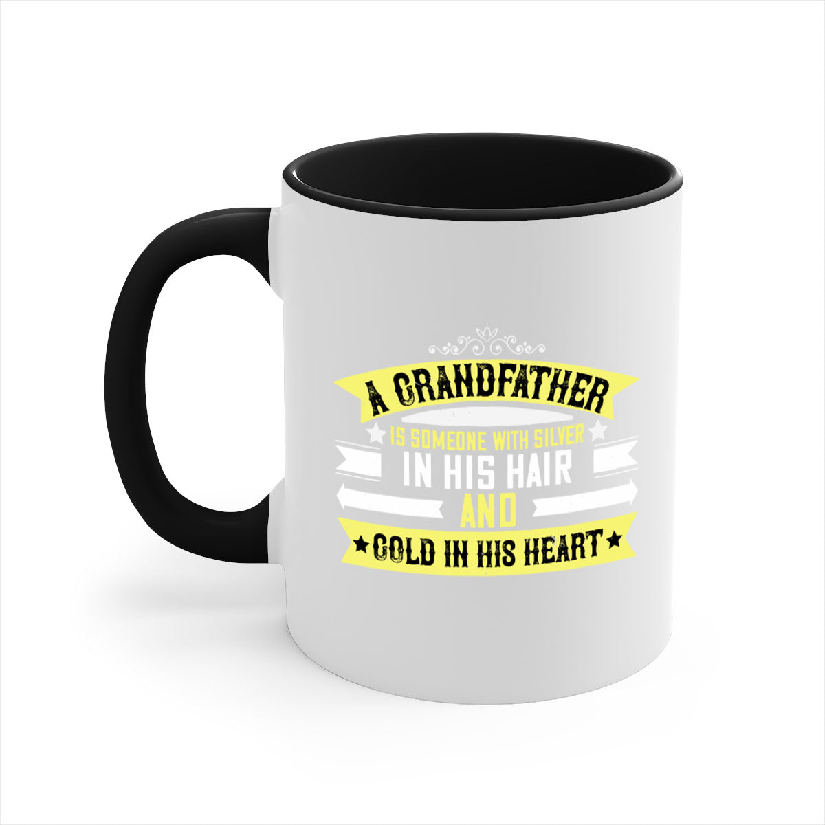 A stylish two-tone ceramic coffee mug with a colored handle and glossy finish, featuring the phrase 'A grandfather is someone with silver 88#'.