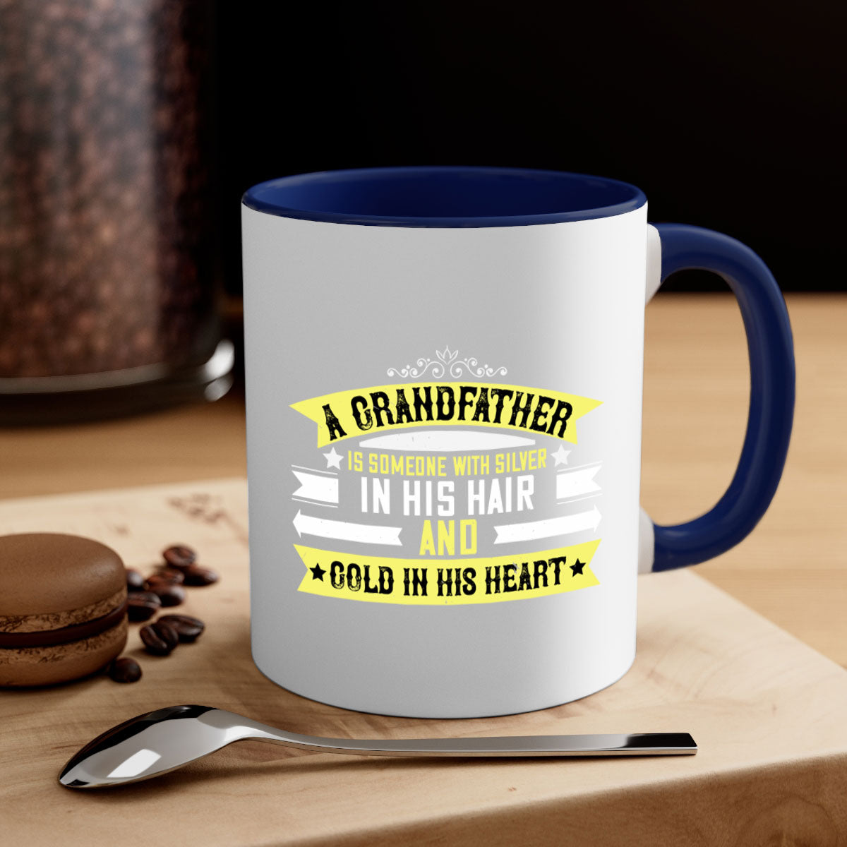 A stylish two-tone ceramic coffee mug with a colored handle and glossy finish, featuring the phrase 'A grandfather is someone with silver 88#'.