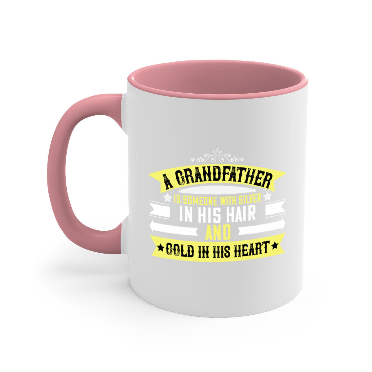 A stylish two-tone ceramic coffee mug with a colored handle and glossy finish, featuring the phrase 'A grandfather is someone with silver 88#'.