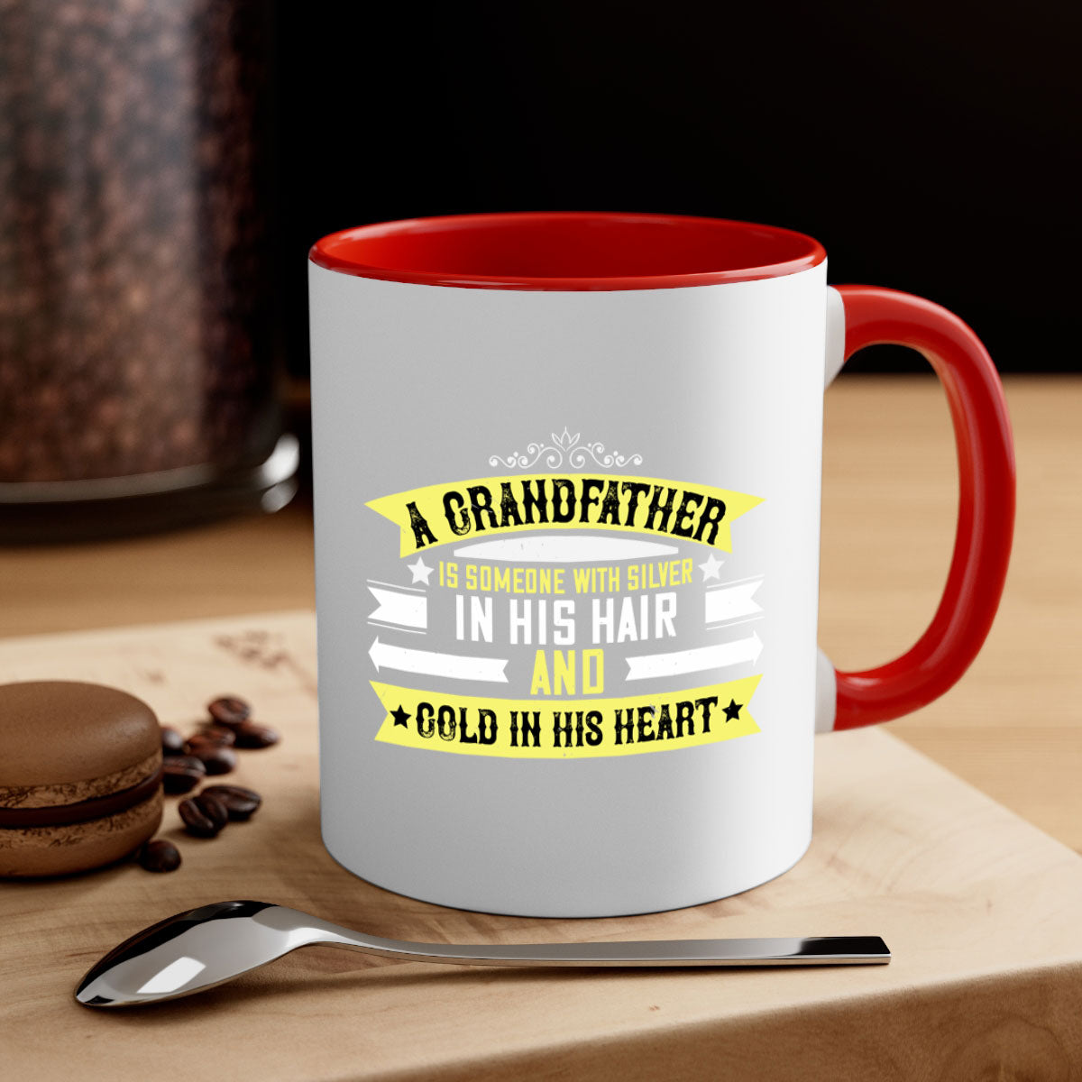 A stylish two-tone ceramic coffee mug with a colored handle and glossy finish, featuring the phrase 'A grandfather is someone with silver 88#'.