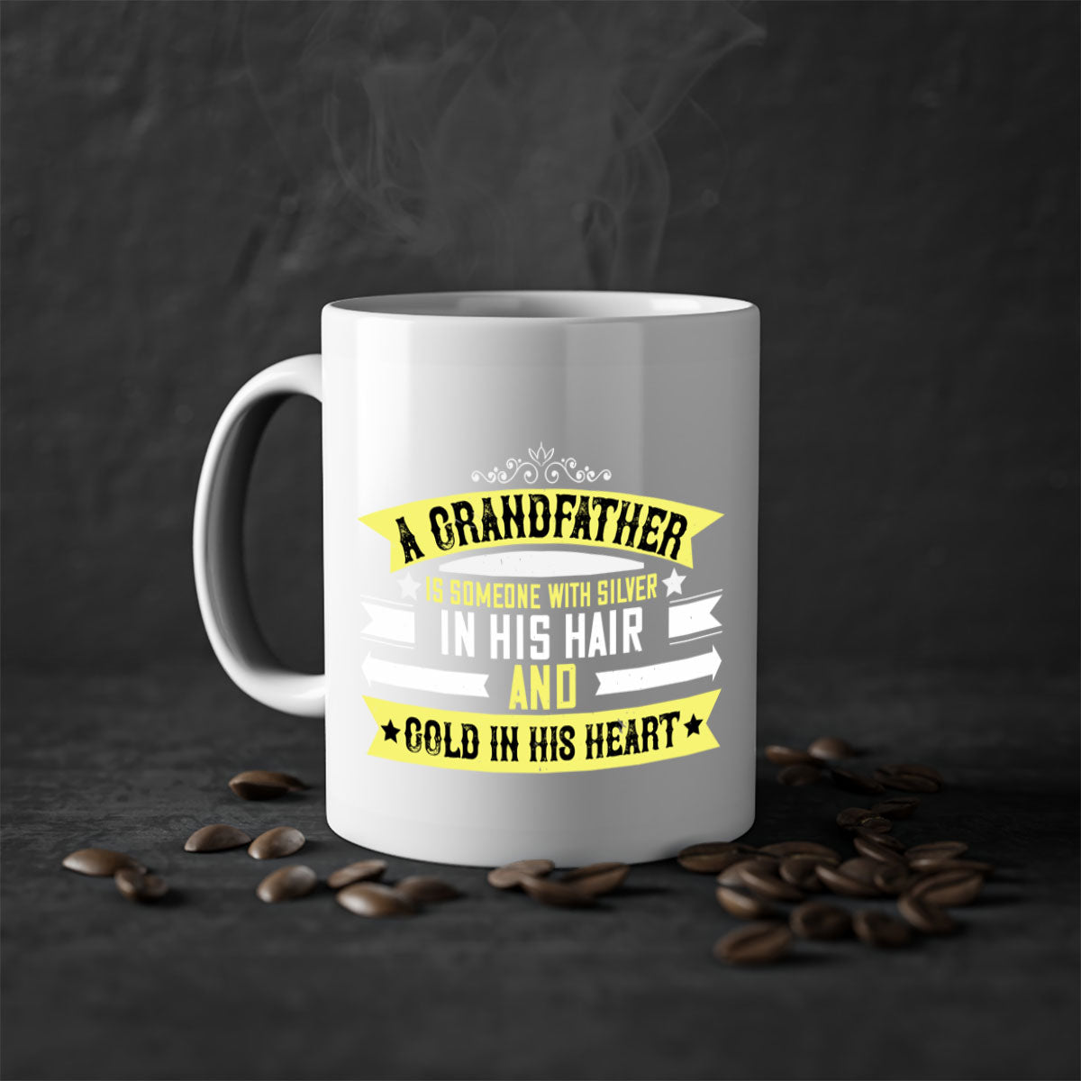 A stylish two-tone ceramic coffee mug with a colored handle and glossy finish, featuring the phrase 'A grandfather is someone with silver 88#'.