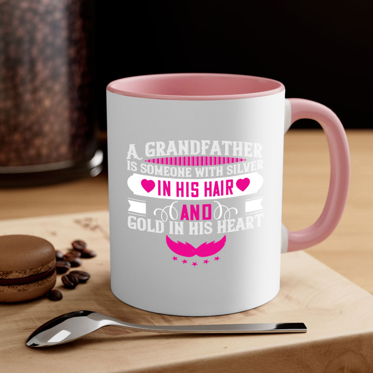 A two-tone ceramic mug featuring the quote 'A grandfather is someone with silver in his hair and gold in his heart', available in multiple colors.