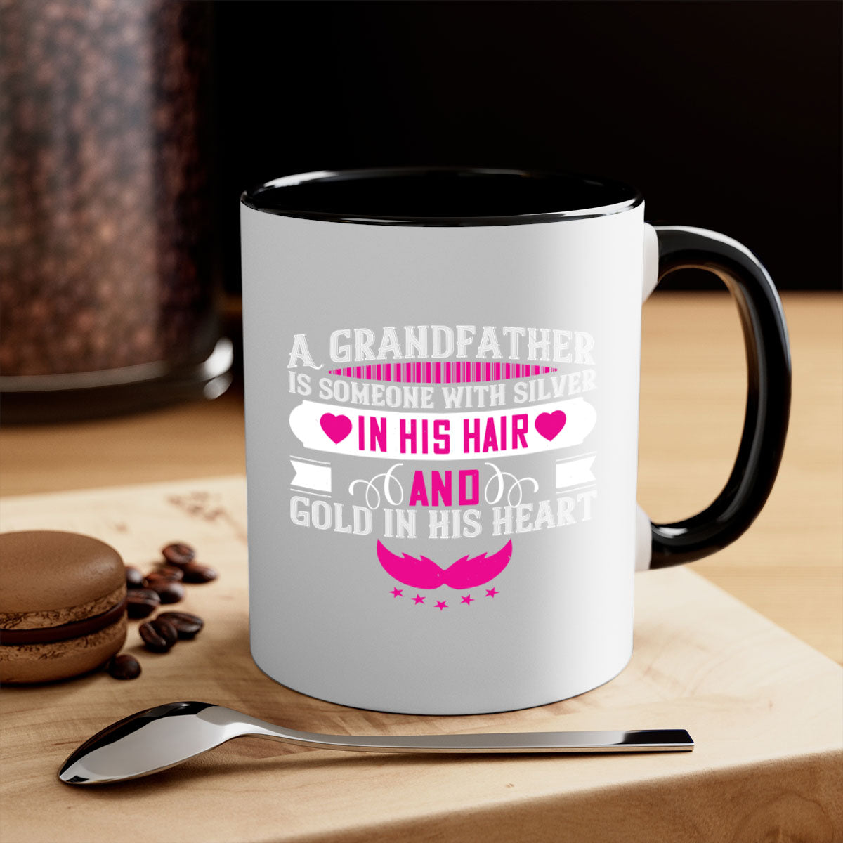 A two-tone ceramic mug featuring the quote 'A grandfather is someone with silver in his hair and gold in his heart', available in multiple colors.