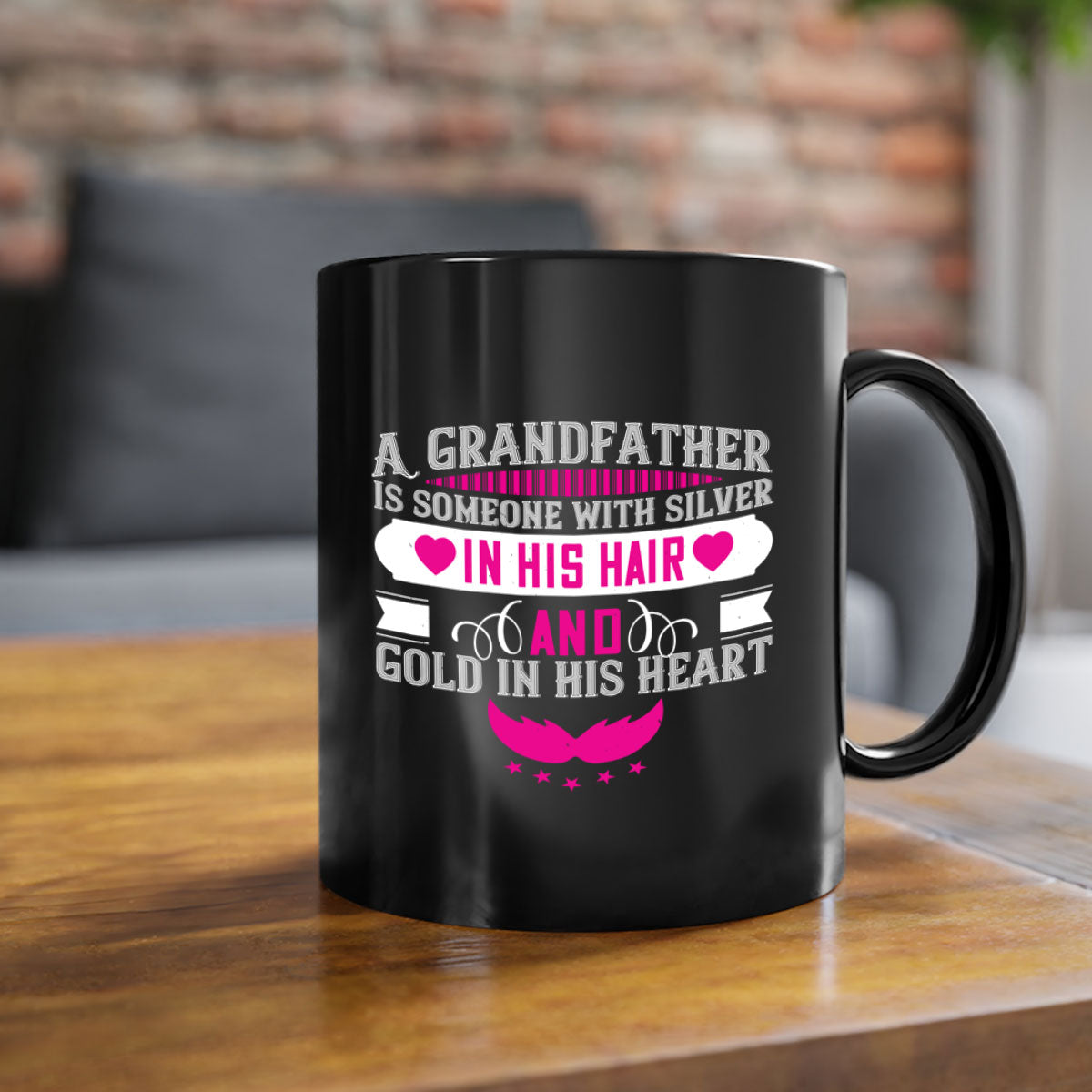 A two-tone ceramic mug featuring the quote 'A grandfather is someone with silver in his hair and gold in his heart', available in multiple colors.