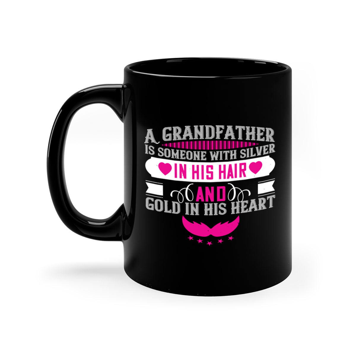 A two-tone ceramic mug featuring the quote 'A grandfather is someone with silver in his hair and gold in his heart', available in multiple colors.