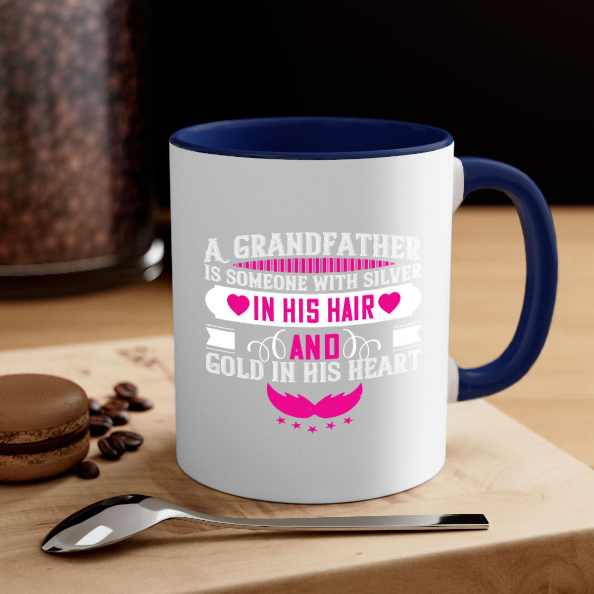 A two-tone ceramic mug featuring the quote 'A grandfather is someone with silver in his hair and gold in his heart', available in multiple colors.