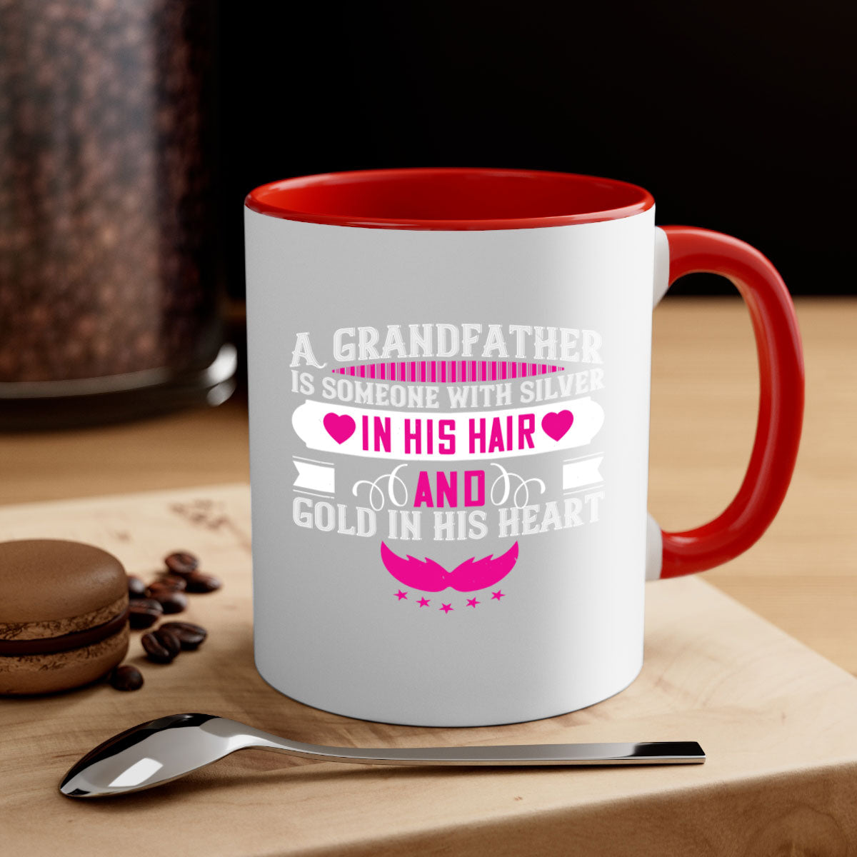 A two-tone ceramic mug featuring the quote 'A grandfather is someone with silver in his hair and gold in his heart', available in multiple colors.