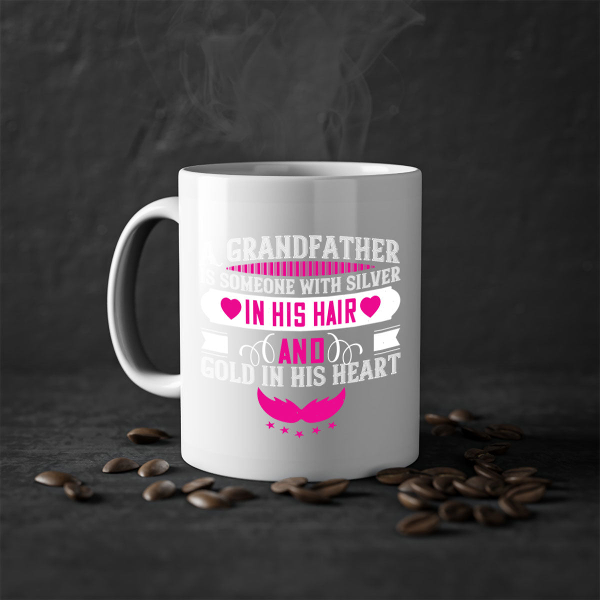 A two-tone ceramic mug featuring the quote 'A grandfather is someone with silver in his hair and gold in his heart', available in multiple colors.