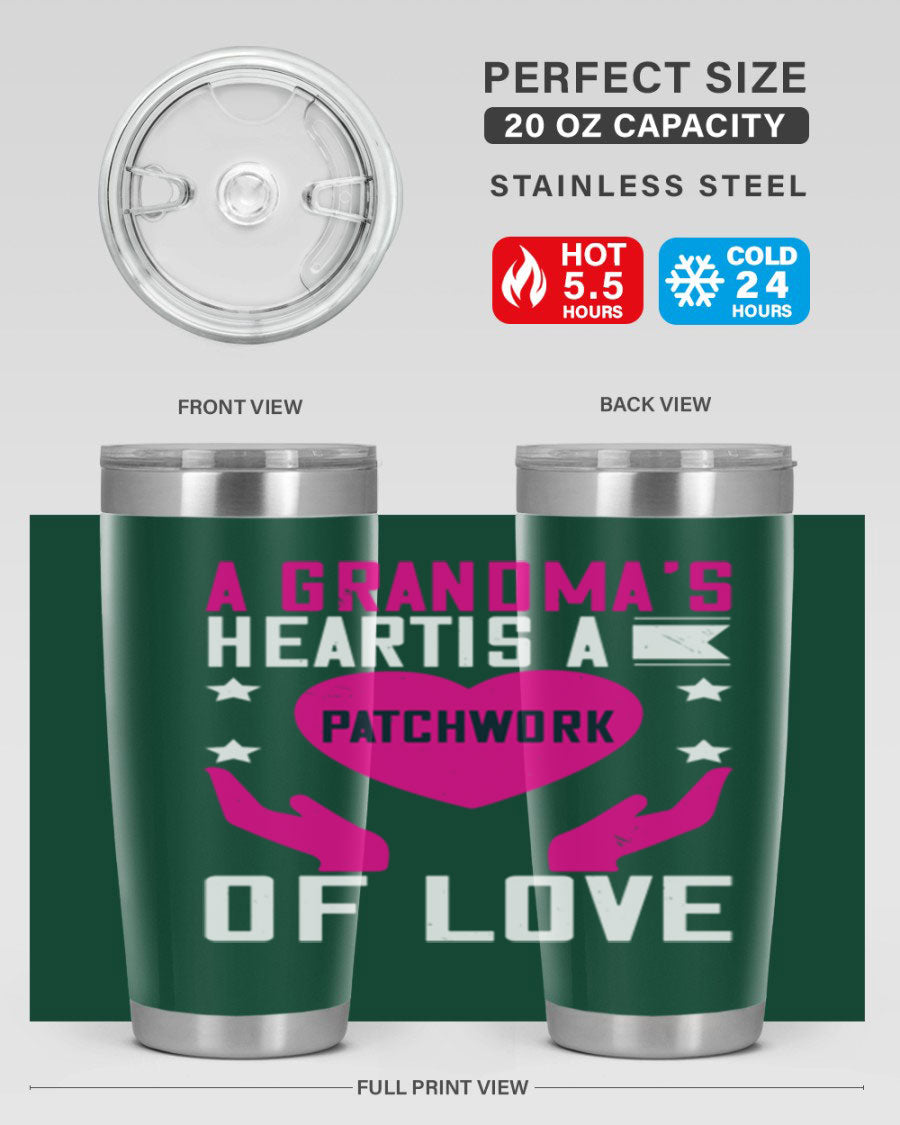 A stainless steel tumbler featuring the phrase 'A Grandma’s Heart is a Patchwork of Love', available in 20oz and 30oz sizes.