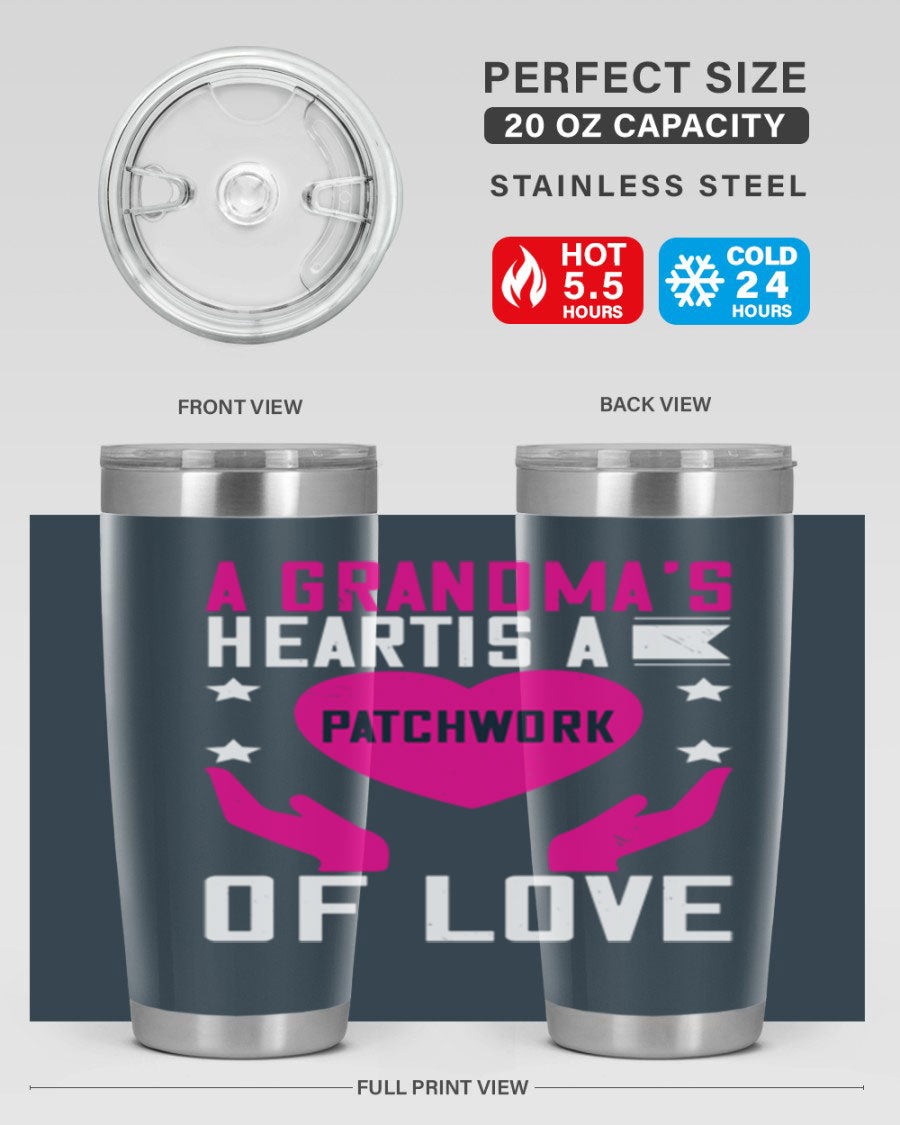 A stainless steel tumbler featuring the phrase 'A Grandma’s Heart is a Patchwork of Love', available in 20oz and 30oz sizes.