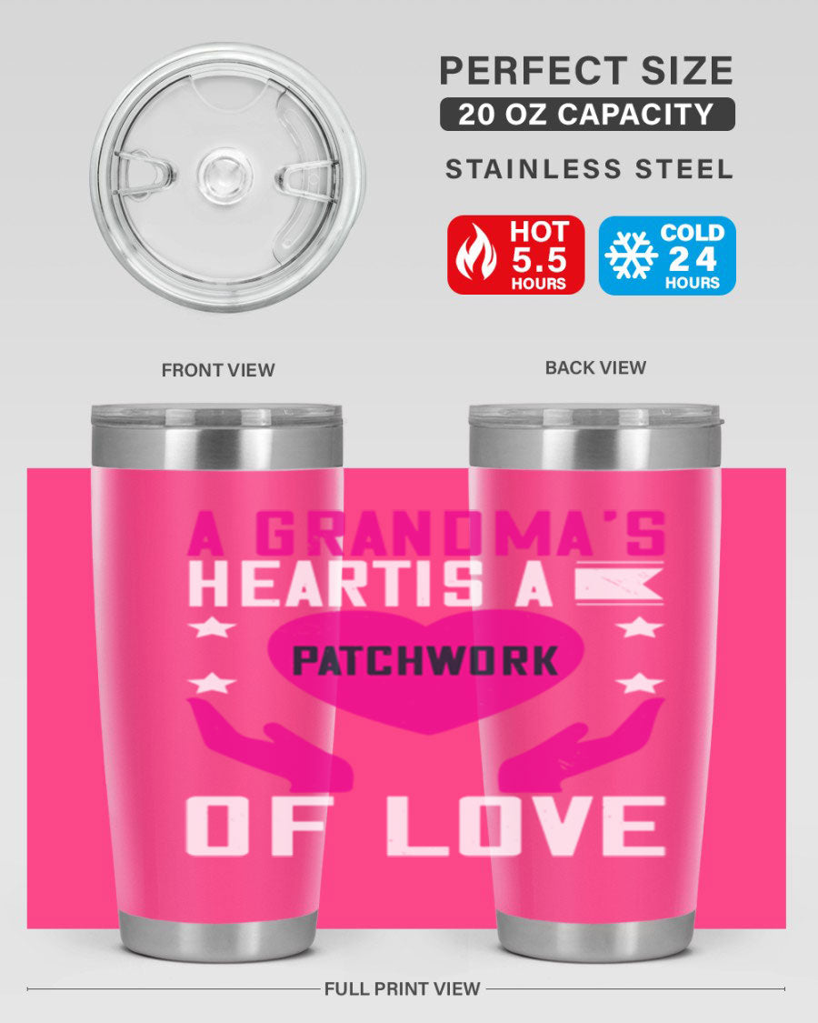 A stainless steel tumbler featuring the phrase 'A Grandma’s Heart is a Patchwork of Love', available in 20oz and 30oz sizes.