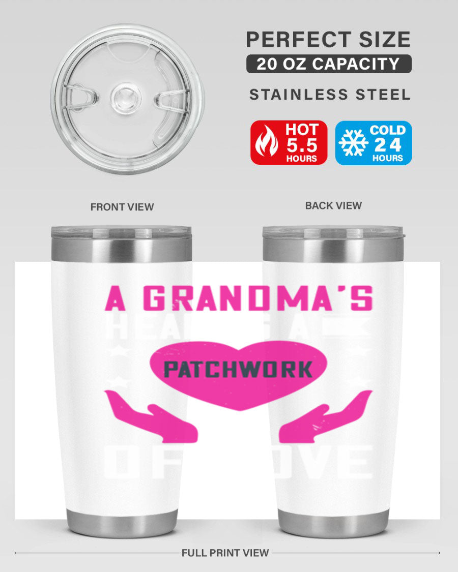 A stainless steel tumbler featuring the phrase 'A Grandma’s Heart is a Patchwork of Love', available in 20oz and 30oz sizes.