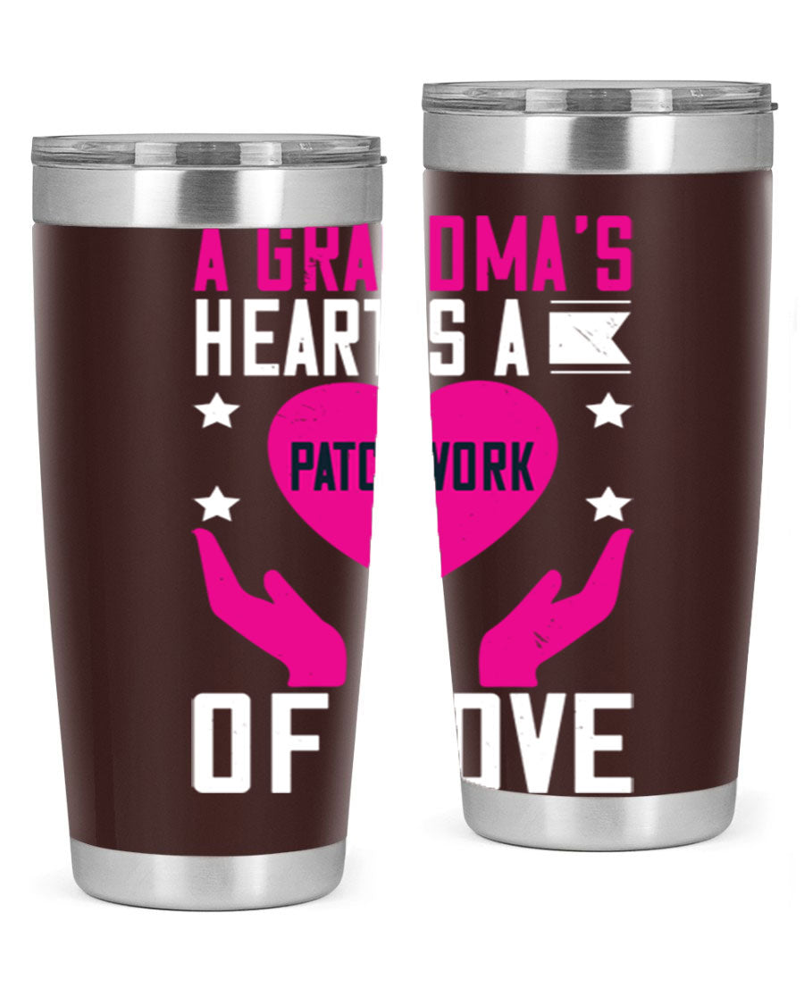 A stainless steel tumbler featuring the phrase 'A Grandma’s Heart is a Patchwork of Love', available in 20oz and 30oz sizes.