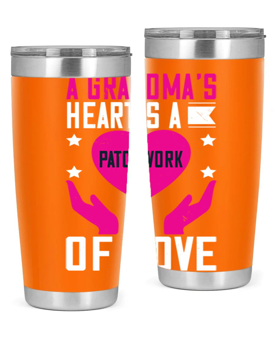 A stainless steel tumbler featuring the phrase 'A Grandma’s Heart is a Patchwork of Love', available in 20oz and 30oz sizes.