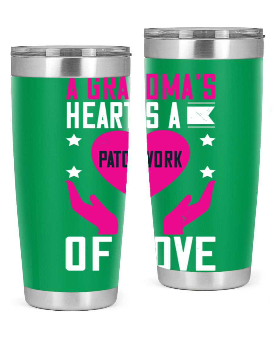 A stainless steel tumbler featuring the phrase 'A Grandma’s Heart is a Patchwork of Love', available in 20oz and 30oz sizes.