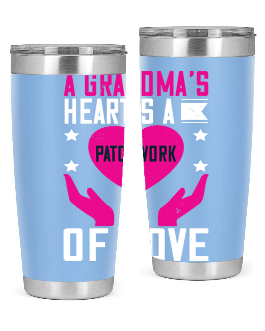 A stainless steel tumbler featuring the phrase 'A Grandma’s Heart is a Patchwork of Love', available in 20oz and 30oz sizes.