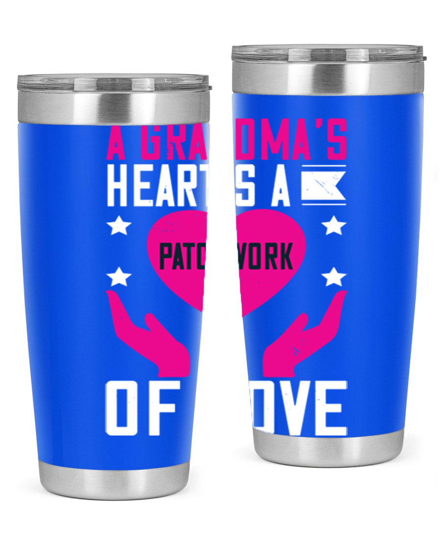 A stainless steel tumbler featuring the phrase 'A Grandma’s Heart is a Patchwork of Love', available in 20oz and 30oz sizes.