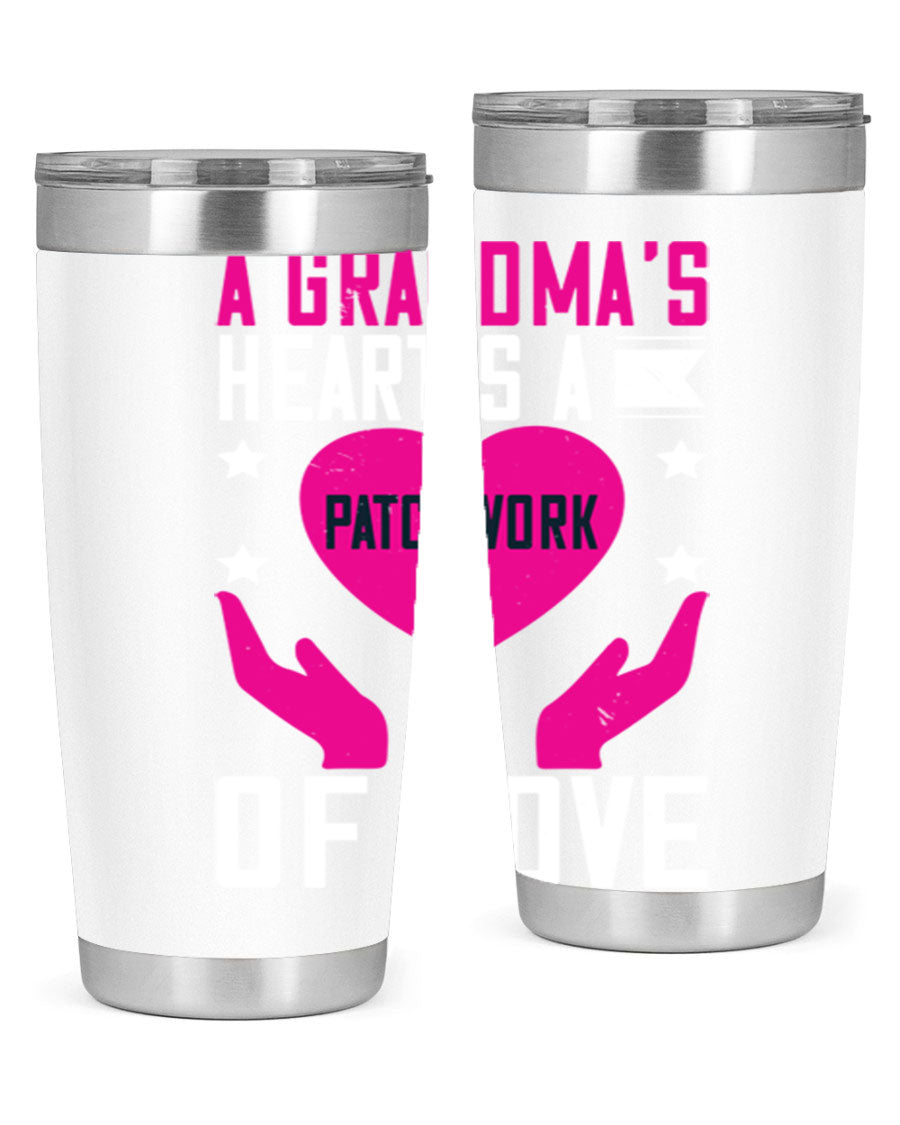 A stainless steel tumbler featuring the phrase 'A Grandma’s Heart is a Patchwork of Love', available in 20oz and 30oz sizes.