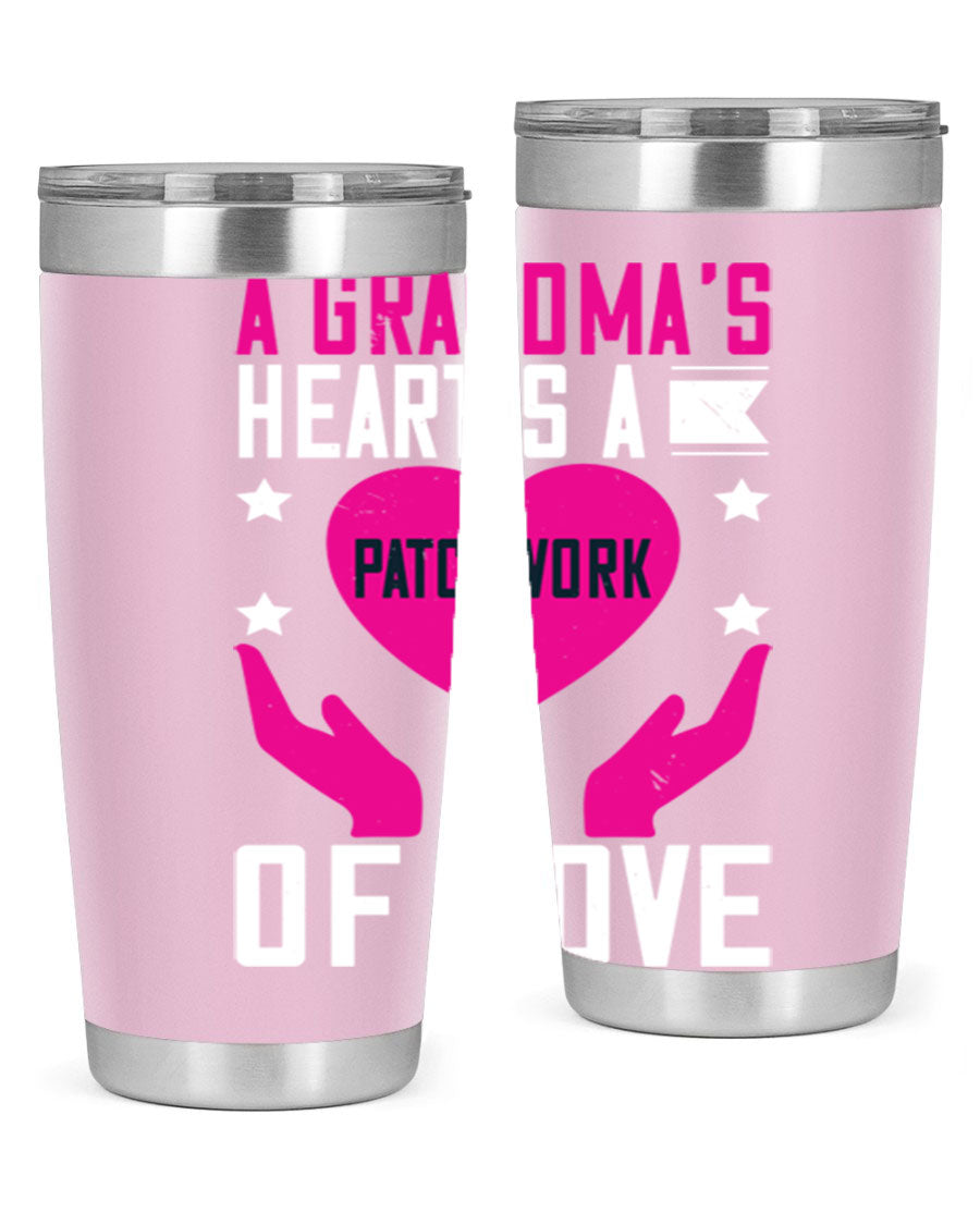 A stainless steel tumbler featuring the phrase 'A Grandma’s Heart is a Patchwork of Love', available in 20oz and 30oz sizes.