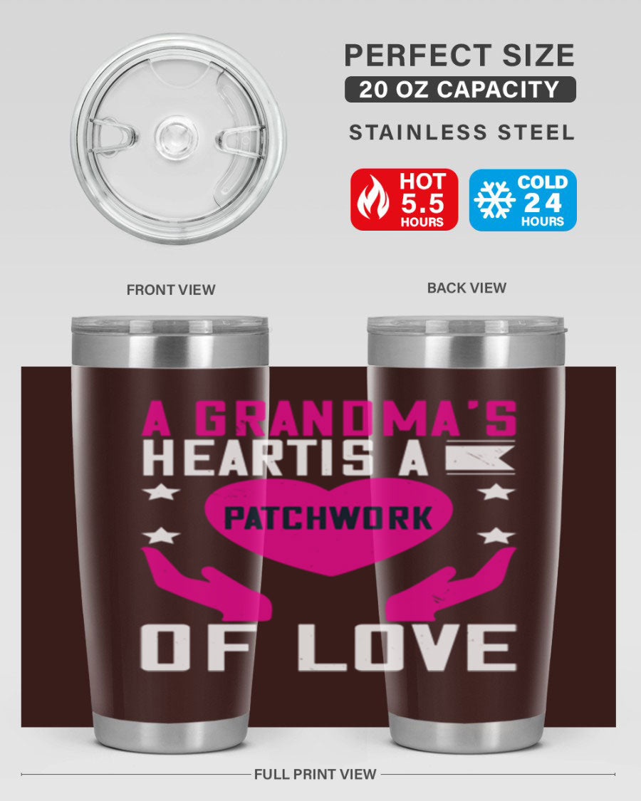 A stainless steel tumbler featuring the phrase 'A Grandma’s Heart is a Patchwork of Love', available in 20oz and 30oz sizes.