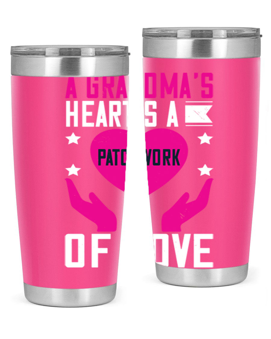 A stainless steel tumbler featuring the phrase 'A Grandma’s Heart is a Patchwork of Love', available in 20oz and 30oz sizes.