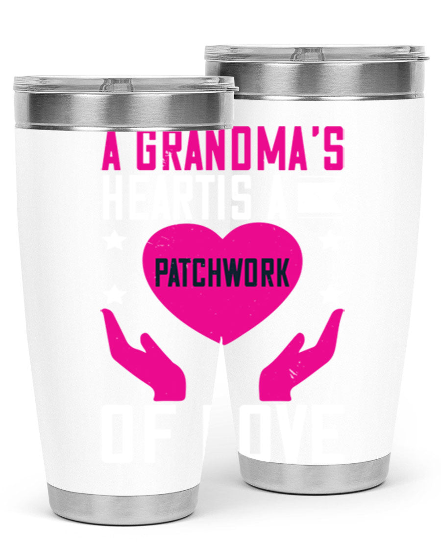 A stainless steel tumbler featuring the phrase 'A Grandma’s Heart is a Patchwork of Love', available in 20oz and 30oz sizes.