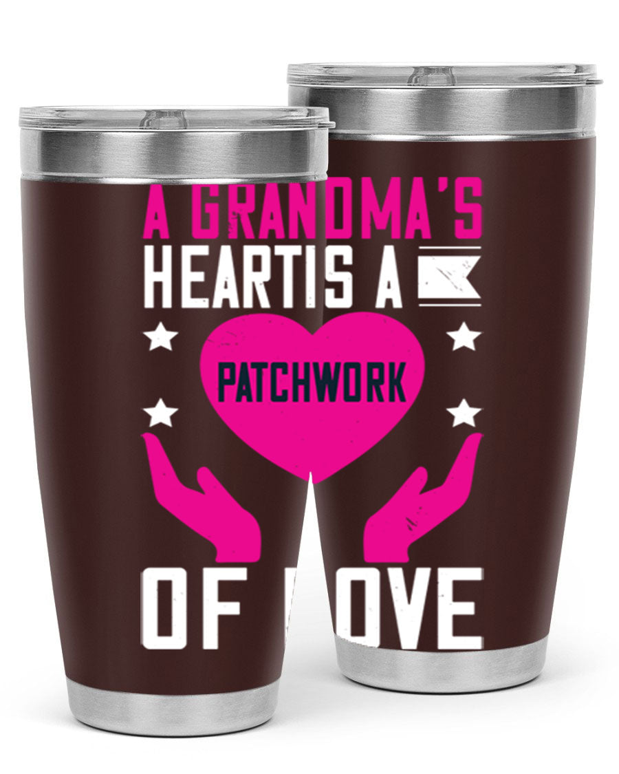 A stainless steel tumbler featuring the phrase 'A Grandma’s Heart is a Patchwork of Love', available in 20oz and 30oz sizes.