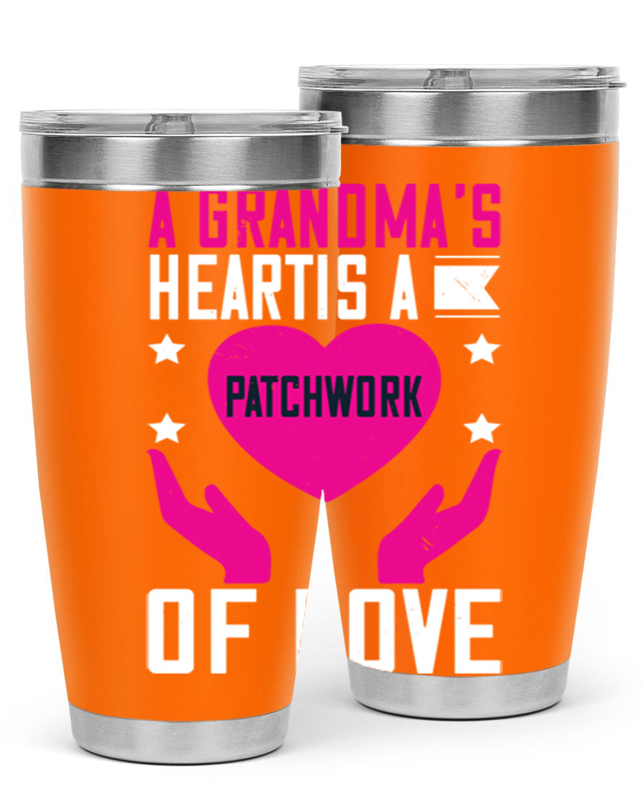 A stainless steel tumbler featuring the phrase 'A Grandma’s Heart is a Patchwork of Love', available in 20oz and 30oz sizes.