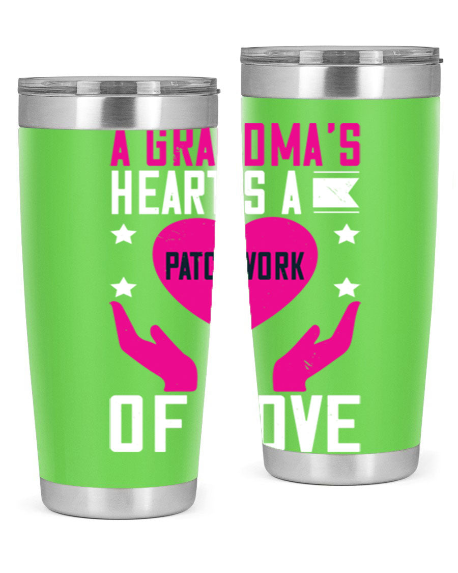 A stainless steel tumbler featuring the phrase 'A Grandma’s Heart is a Patchwork of Love', available in 20oz and 30oz sizes.