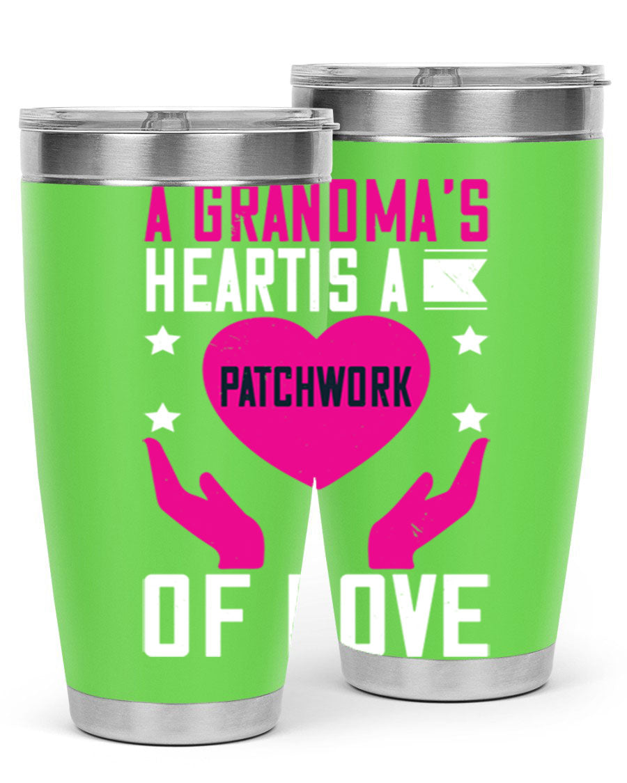 A stainless steel tumbler featuring the phrase 'A Grandma’s Heart is a Patchwork of Love', available in 20oz and 30oz sizes.