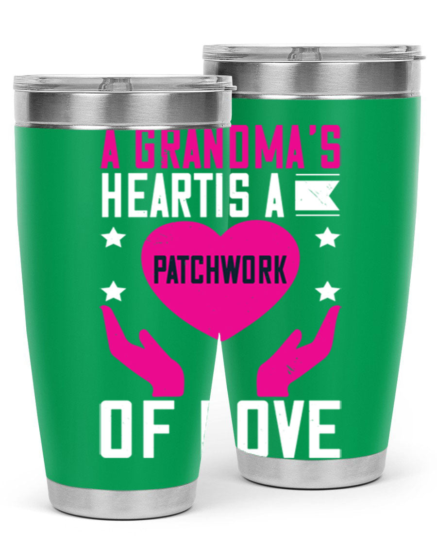 A stainless steel tumbler featuring the phrase 'A Grandma’s Heart is a Patchwork of Love', available in 20oz and 30oz sizes.