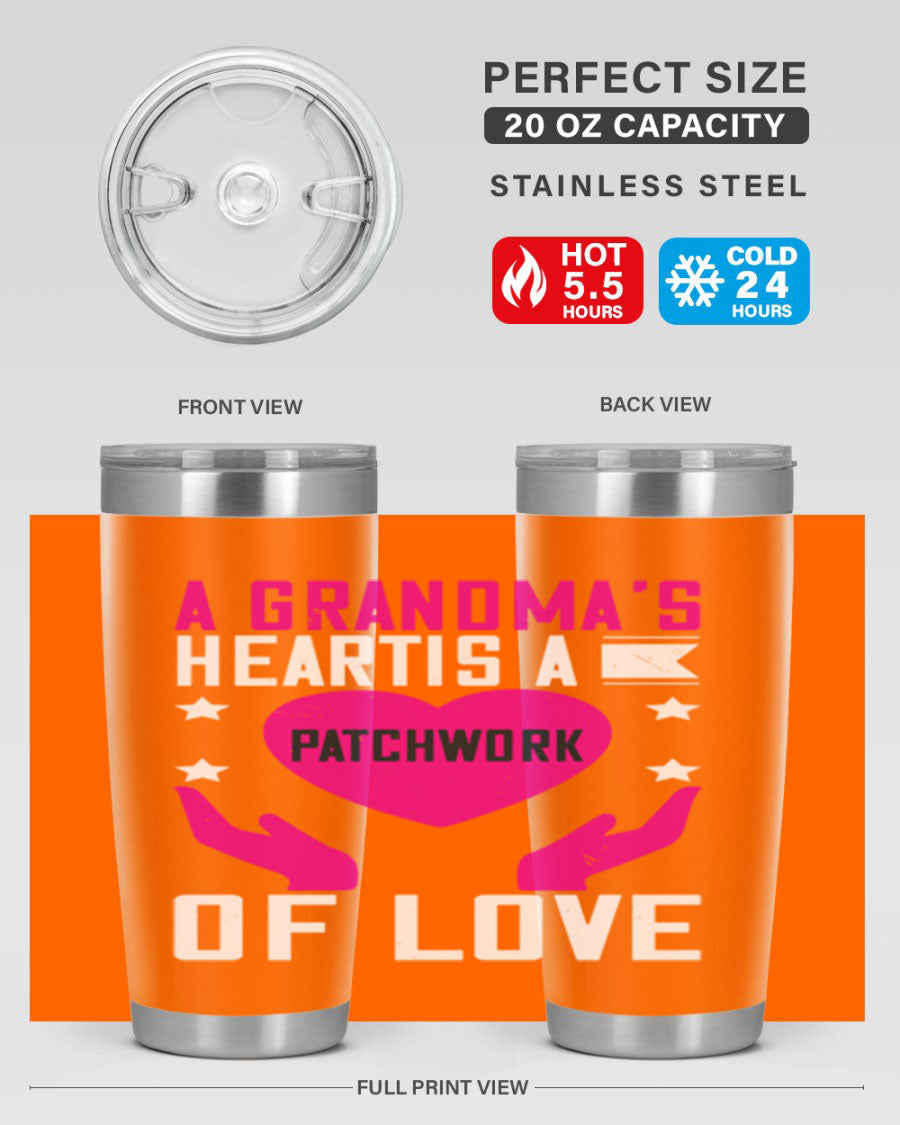 A stainless steel tumbler featuring the phrase 'A Grandma’s Heart is a Patchwork of Love', available in 20oz and 30oz sizes.