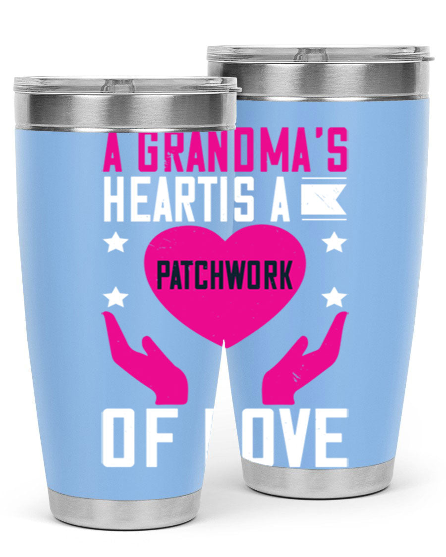 A stainless steel tumbler featuring the phrase 'A Grandma’s Heart is a Patchwork of Love', available in 20oz and 30oz sizes.