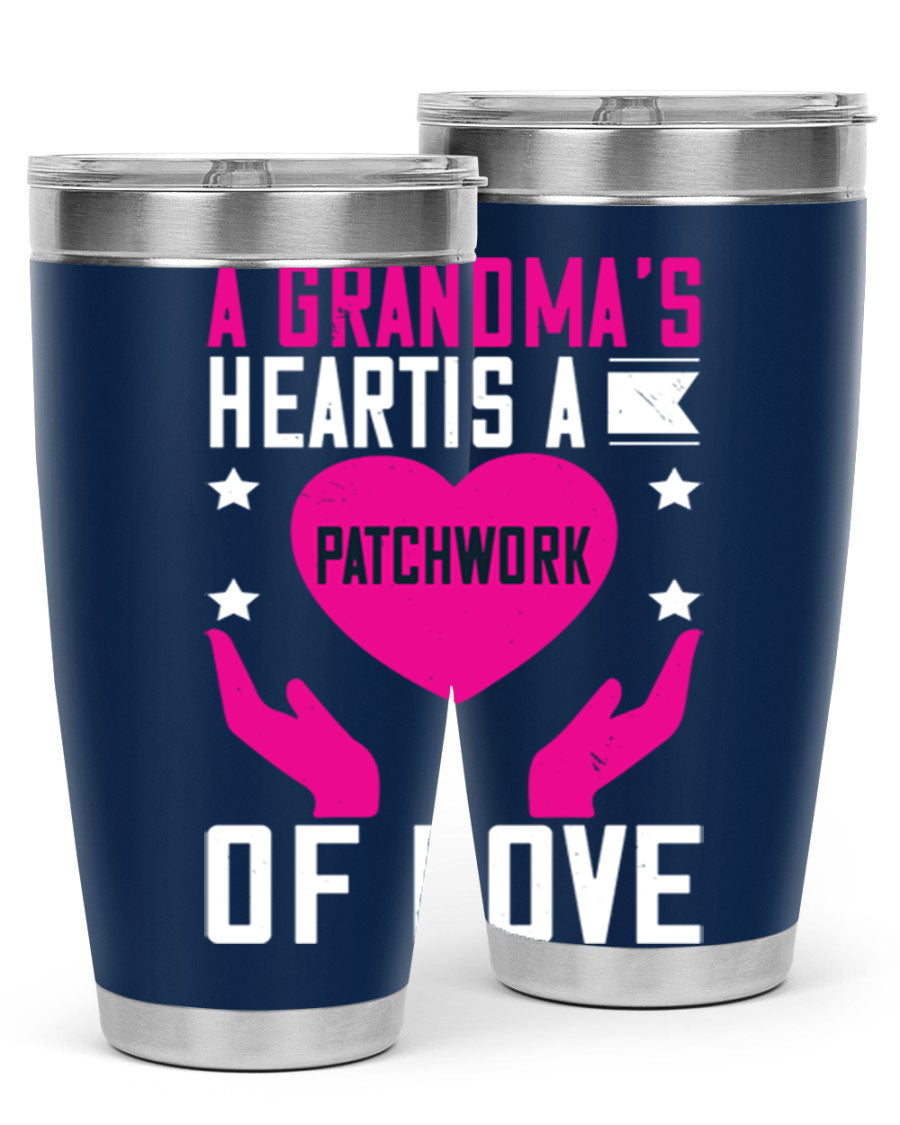 A stainless steel tumbler featuring the phrase 'A Grandma’s Heart is a Patchwork of Love', available in 20oz and 30oz sizes.