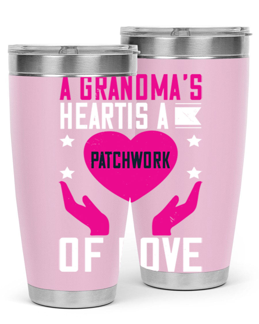 A stainless steel tumbler featuring the phrase 'A Grandma’s Heart is a Patchwork of Love', available in 20oz and 30oz sizes.