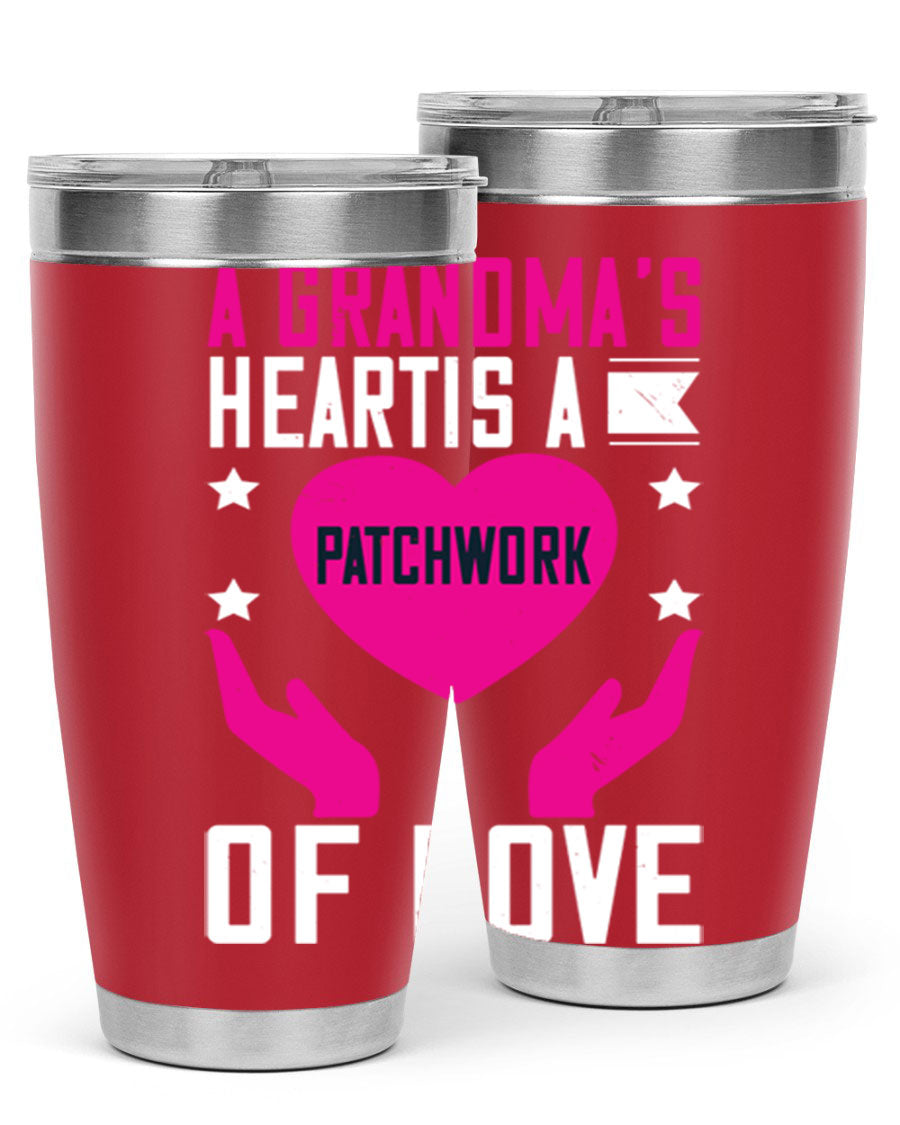 A stainless steel tumbler featuring the phrase 'A Grandma’s Heart is a Patchwork of Love', available in 20oz and 30oz sizes.